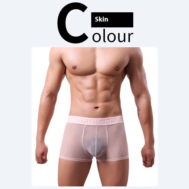 Men's thin invisible breathable boxer shorts in quick-drying polyester fabric shown in multiple colours