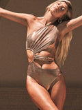 Gold backless one-piece swimsuit for women with solid colour design and spandex lining