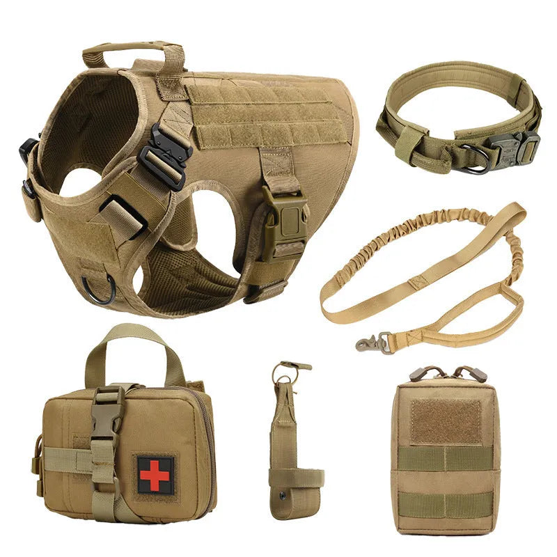 Polyester dog training battle suit set in tactical colours with harness straps and vest