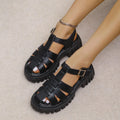Korean style round toe ankle-strap buckle closed toe flat hollowed sandals in black