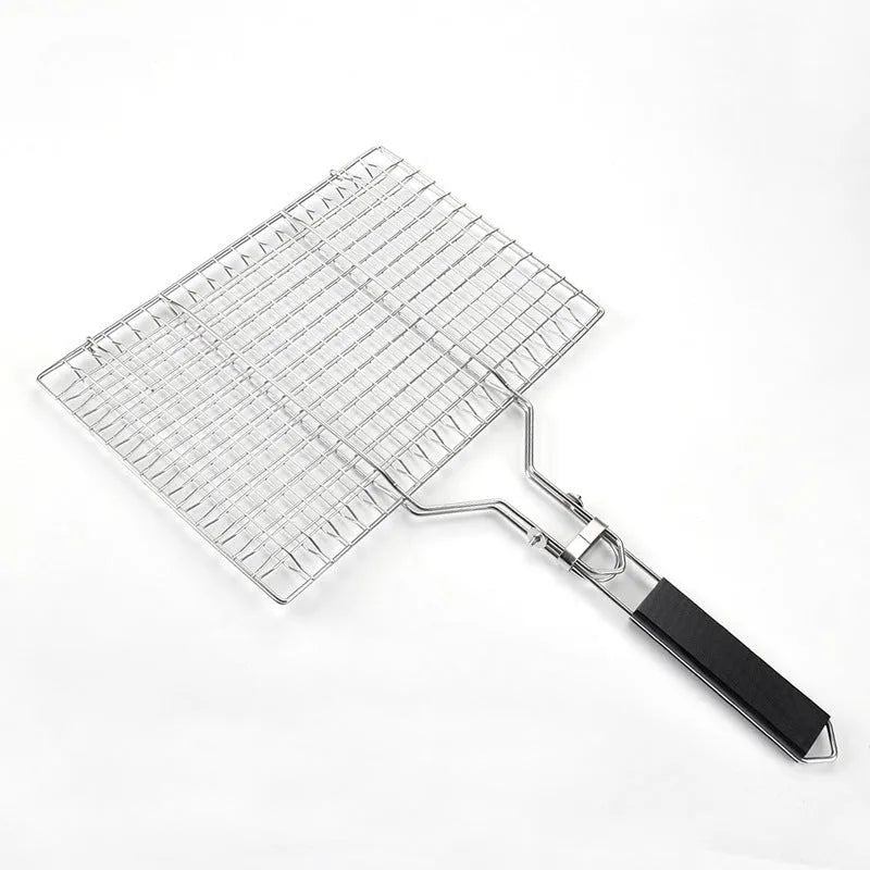 Square stainless steel barbecue mesh basket with folding design and cleaning brush for outdoor cooking