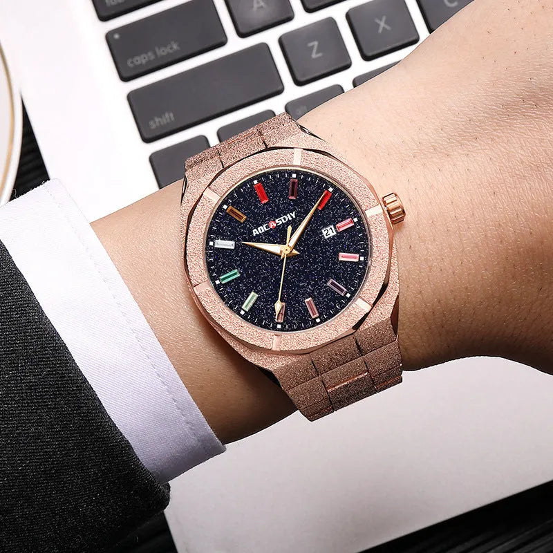 Full diamond-set luxury oak men's watch in gold finish with quartz movement and 11mm case thickness