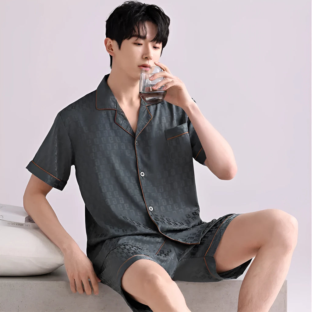 Men's ice silk pajama set with satin jacquard plaid pattern in cardigan style and shorts