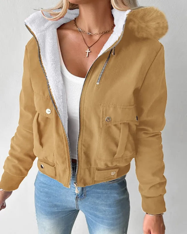 Women's casual hooded jacket with furry lining in Black, long sleeves, polyester fabric