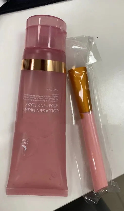 75ml bottle of collagen night face mask with an application brush on a white background.