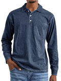 Man's retro washed cotton long sleeve polo shirt with button-up front and lapel collar in various colours.