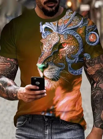 Men's grey T-shirt with a raised 3D print of a fierce lion's face on the front.