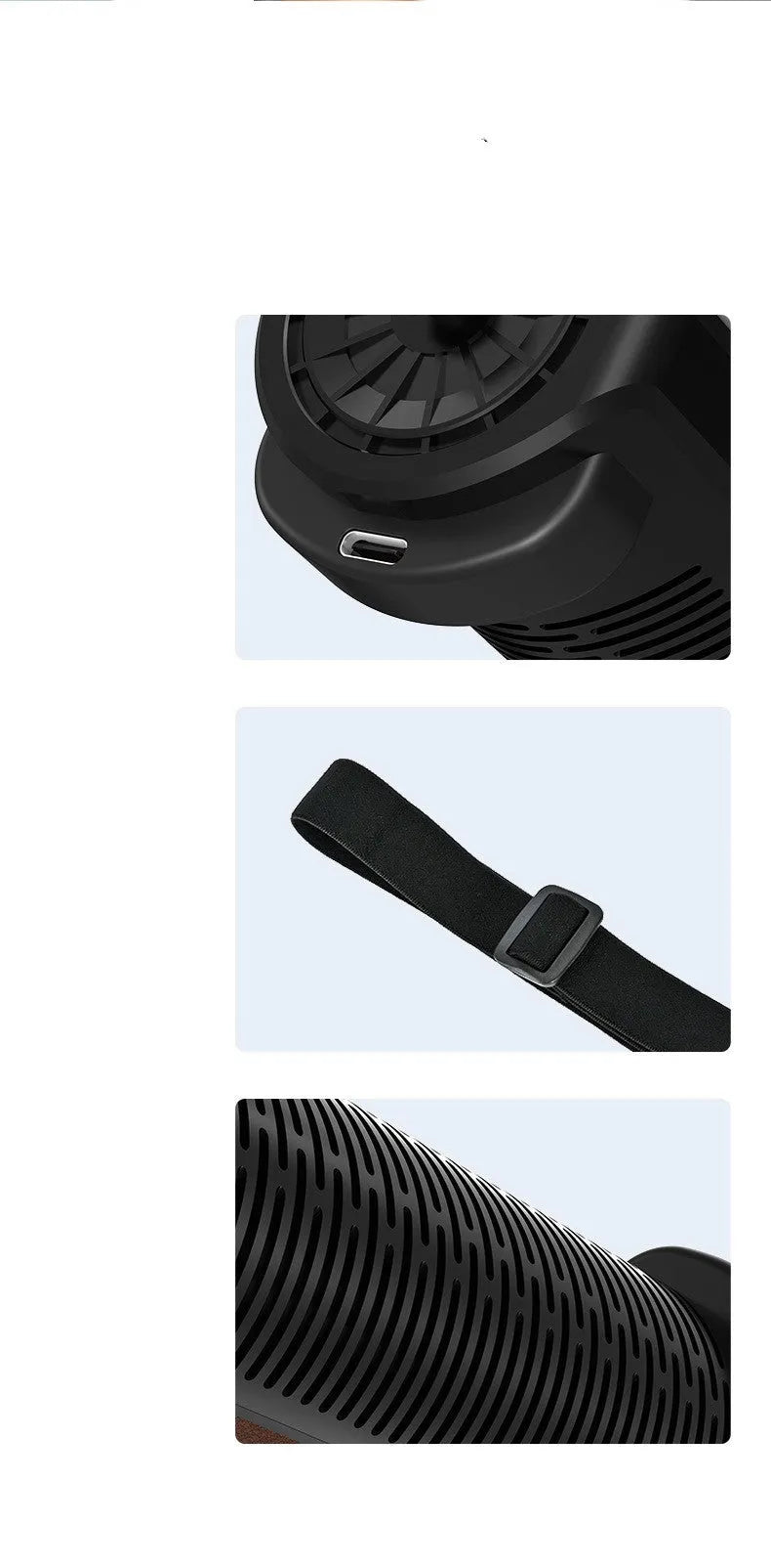 Bladeless car mounted fan in black colour showing USB power connection and compact 57mm width design
