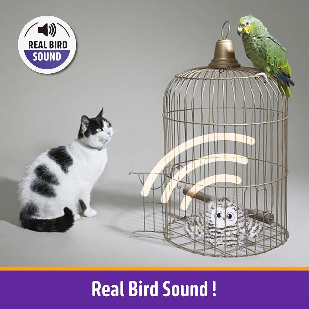 Gray owl-shaped automatic cat toy with flapping wings for indoor feline entertainment