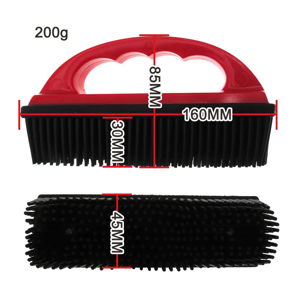 Red pet hair removal brush for grooming and carpet cleaning, dimensions 160mm by 85mm