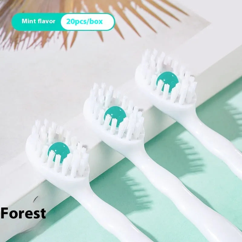 Box containing 20 disposable bead toothbrushes for travel with flavour options