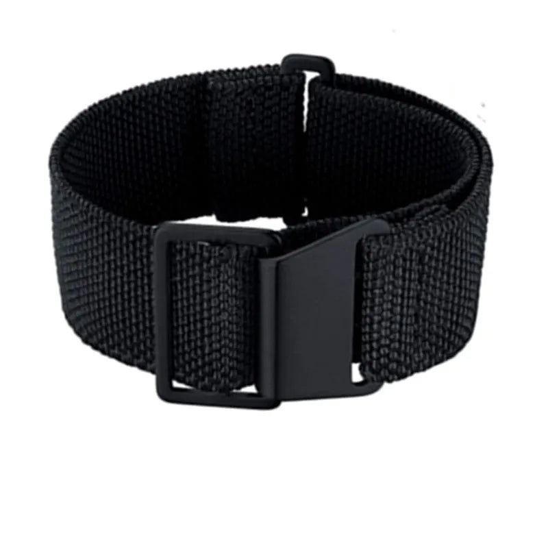 Nylon parachute watchband in green, blue, and black with silver buckle, 18mm 20mm 22mm widths