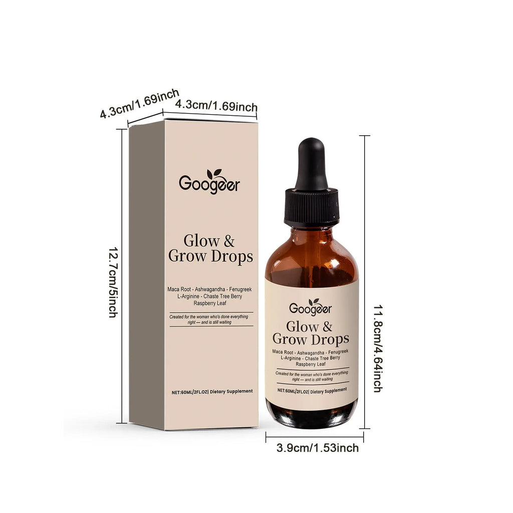 60ml bottle of Female Estrogen Balance Drops with dropper top, containing liquid hormone support formula with Maca, fenugreek, and raspberry leaf extracts