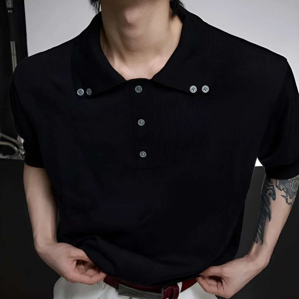 Men's black double collar short sleeve polyester shirt with lapel design