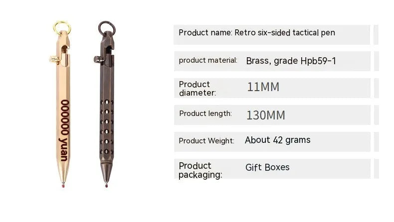 Brass hexagonal retro rollerball pen with 6-angle barrel design and 0.5mm writing tip