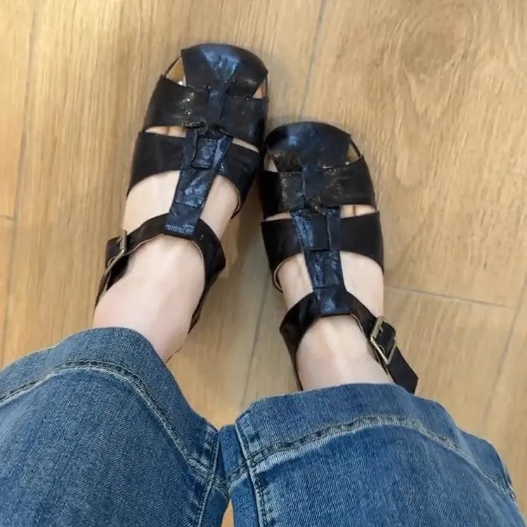 Women's woven buckle heels in apricot colour, round toe, two-layer cowhide upper, rubber sole