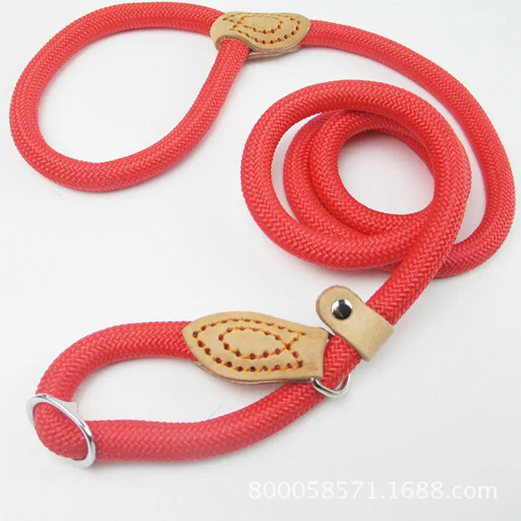 Brown nylon dog leash held in hand showing its 2.1 metre length and P chain handle.