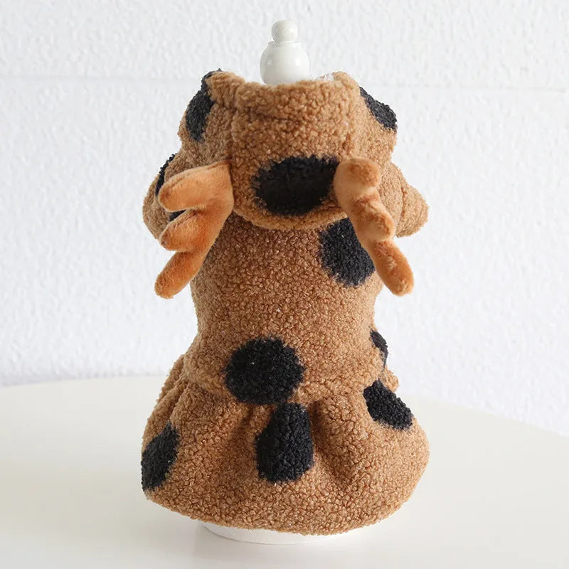 Dog or cat wearing polka dot clothing with an elk couple design, showing skirt and four-legs style options.