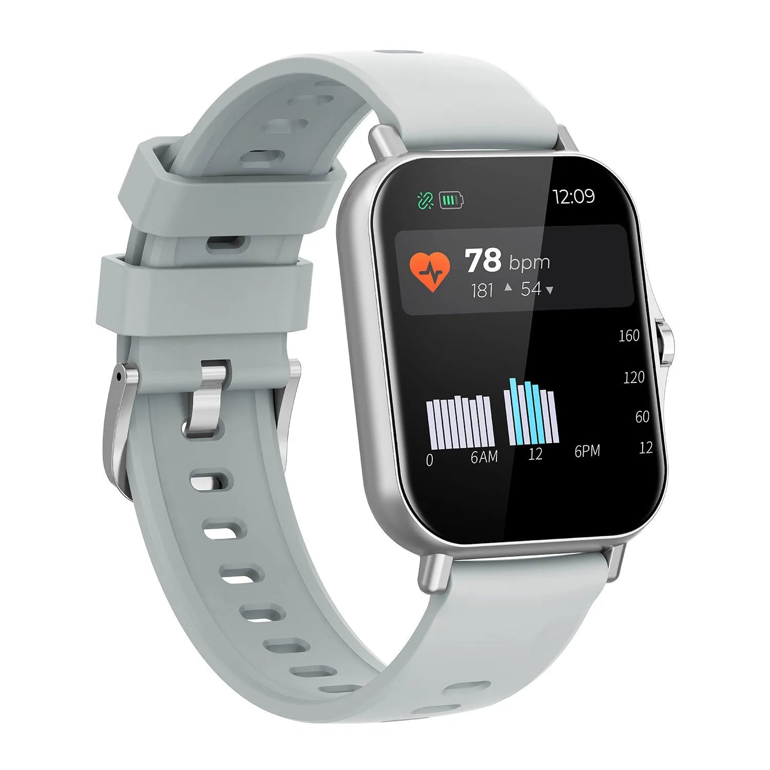 W10 smart watch in black showing heart rate and blood pressure on its 1.75 inch curved touch screen.