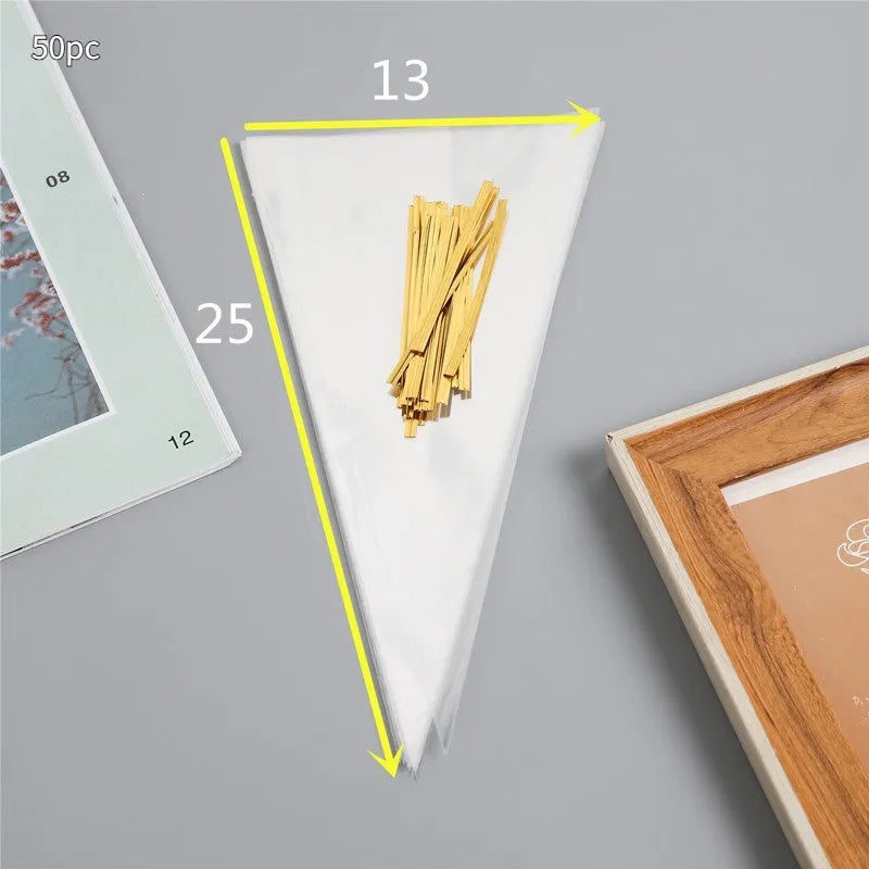Transparent triangular OPP plastic packaging bags with tie wire closure in three size options