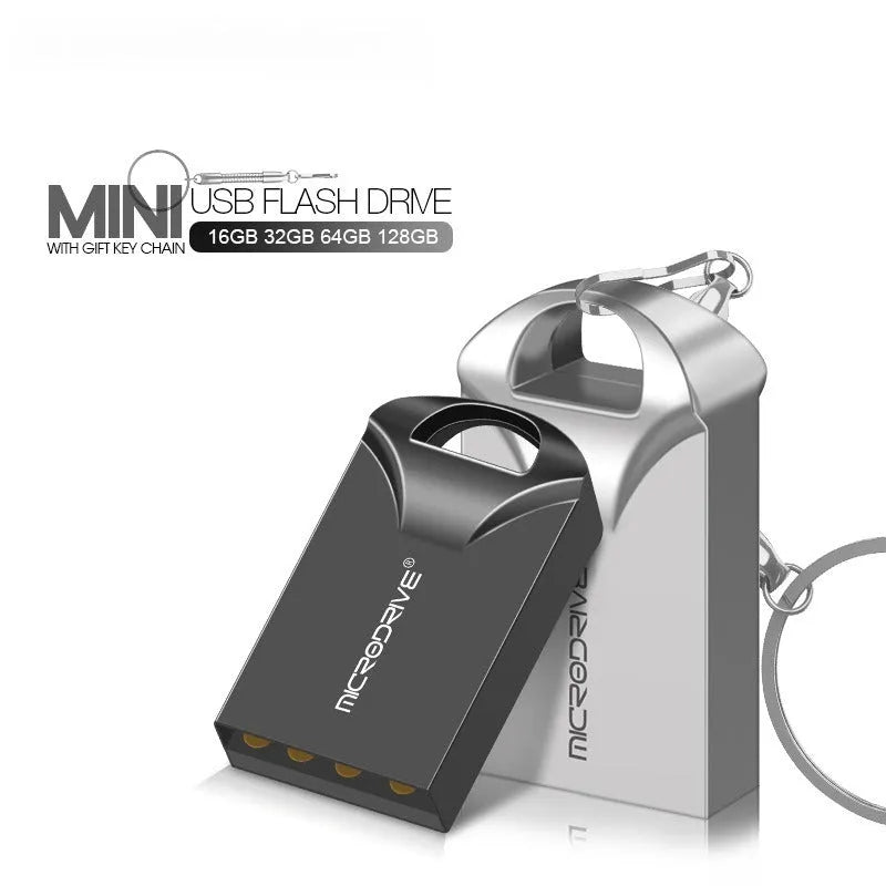 Small black and silver metal USB flash drive showing compact size and USB connector