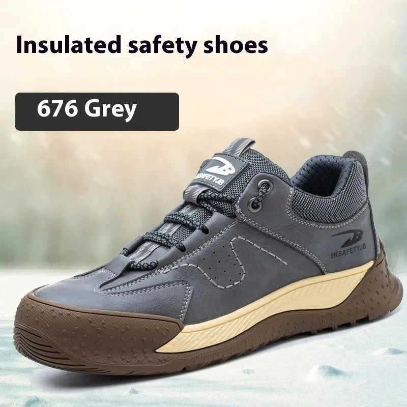 Flyknit leather work safety shoes with rubber sole in black colour, size 42 displayed