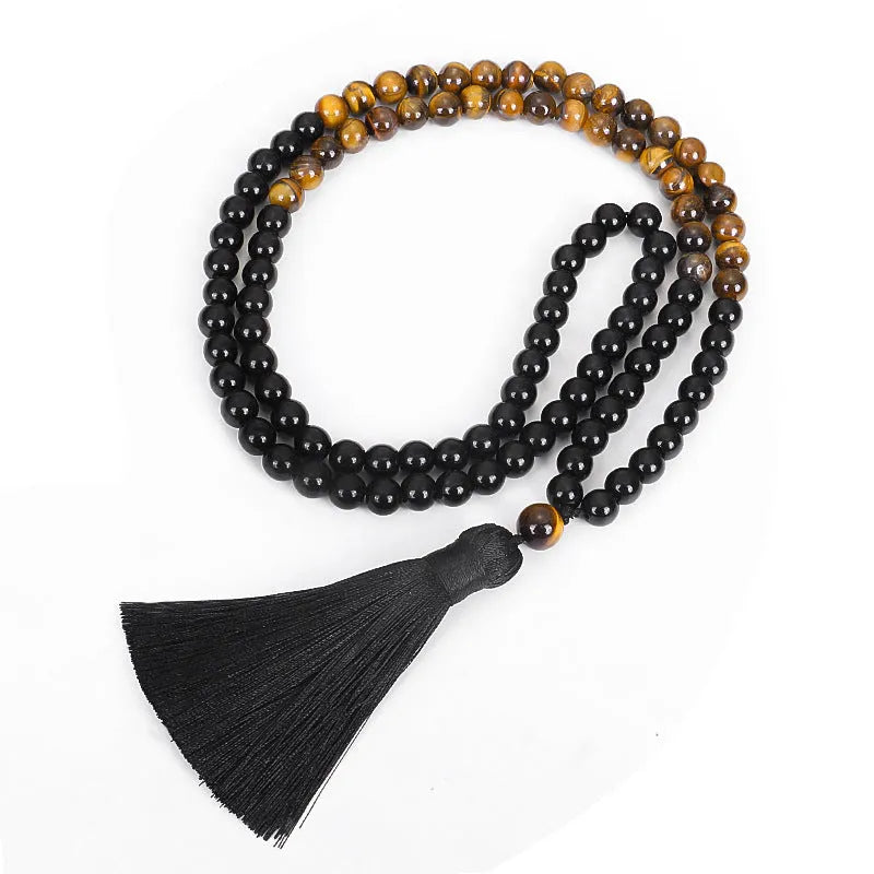 Tiger eye stone tassel necklace with drop-shaped pendant on ball bead chain