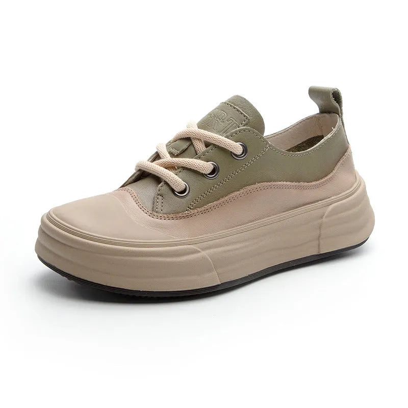 Women's leather platform sneakers in matcha green, purple, and orange colours with round toe and lace-up front.