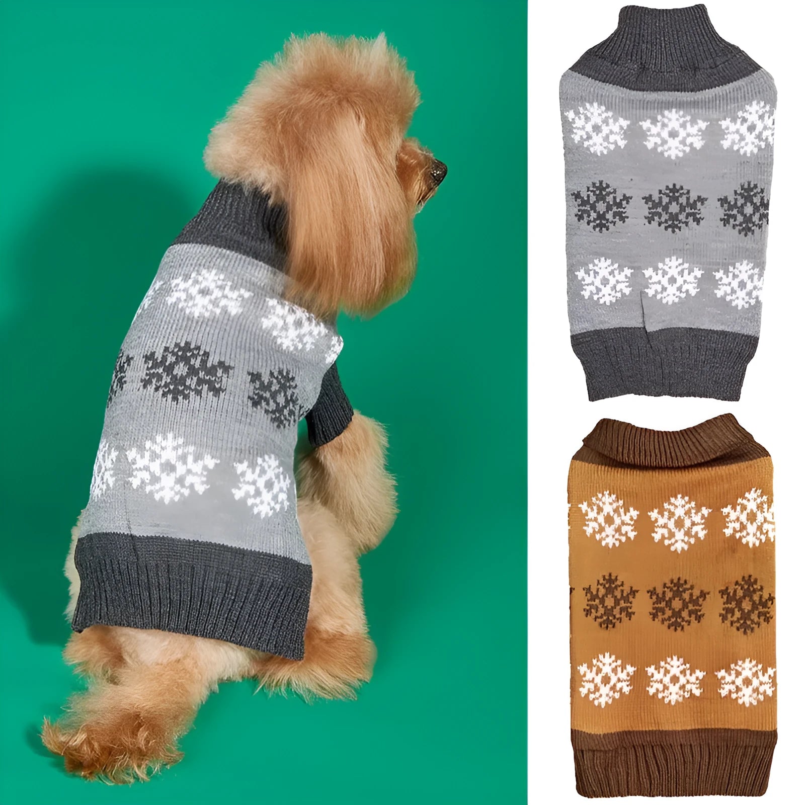 Grey and dark brown acrylic dog Christmas sweater shown in multiple sizes for festive pet wear