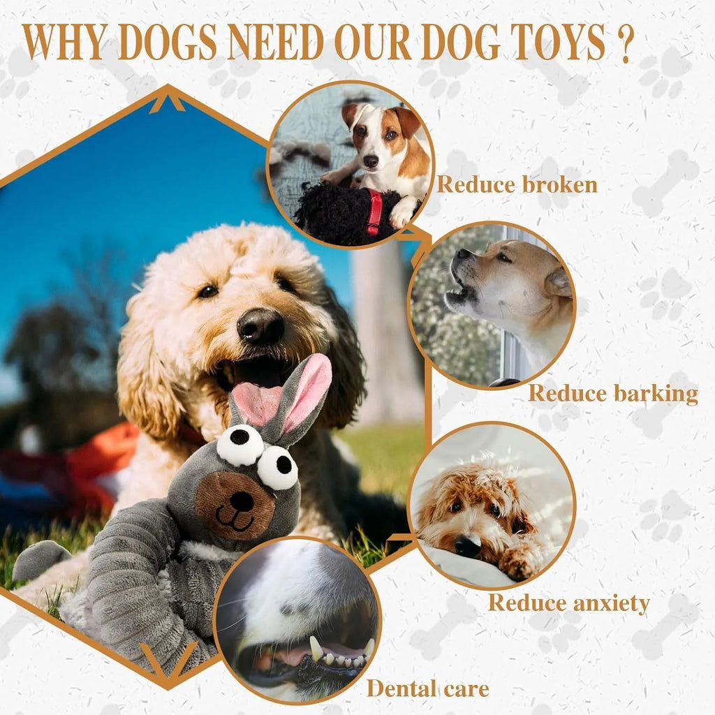 Foldable plush dog toy with squeaky and crinkle features in brown, grey and yellow colours