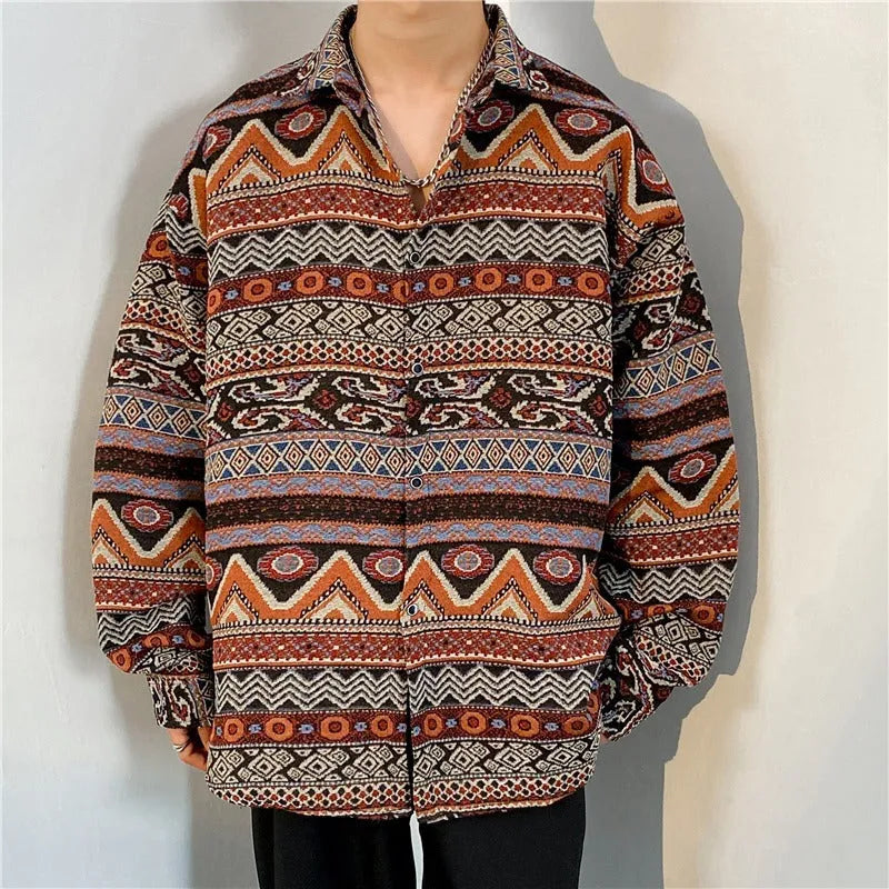 Loose Japanese retro ethnic style couple long sleeve cardigan shirt in brown polyester, front view