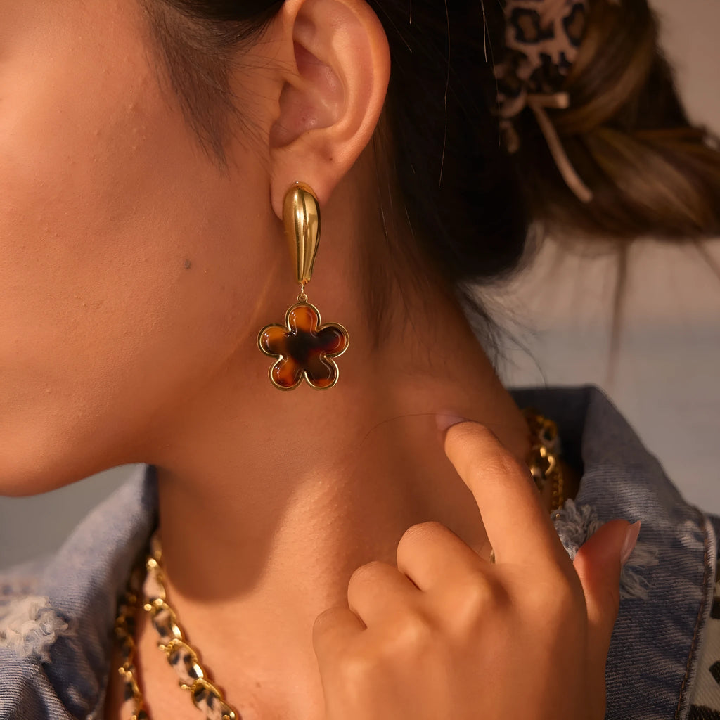 Tortoiseshell resin hawksbill colour earrings with 18K gold electroplating on stainless steel