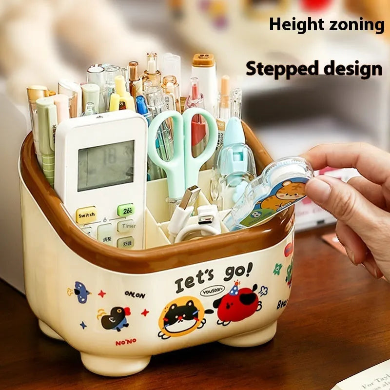 Cartoon-style red and brown plastic desktop storage organiser with 2L capacity and organisation stickers.