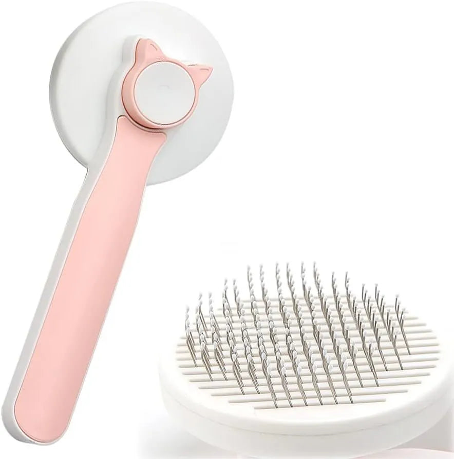 Blue self-cleaning pet grooming brush with rubber handle and metal pins with rubber tips.