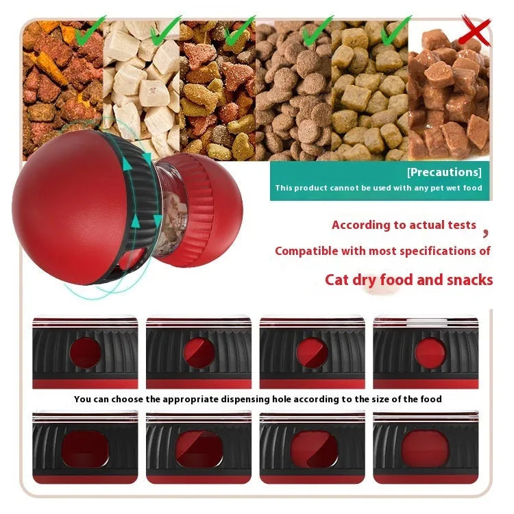 Rotating plastic cat toy with food dropping ball and sound features in super ball colour scheme