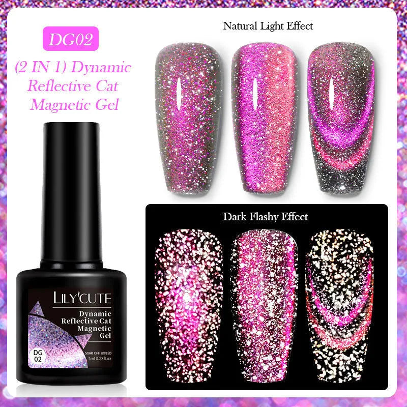 Diamond in the Debris Cat Eye Series nail polish gel bottles in six colours with glitter and fragment texture
