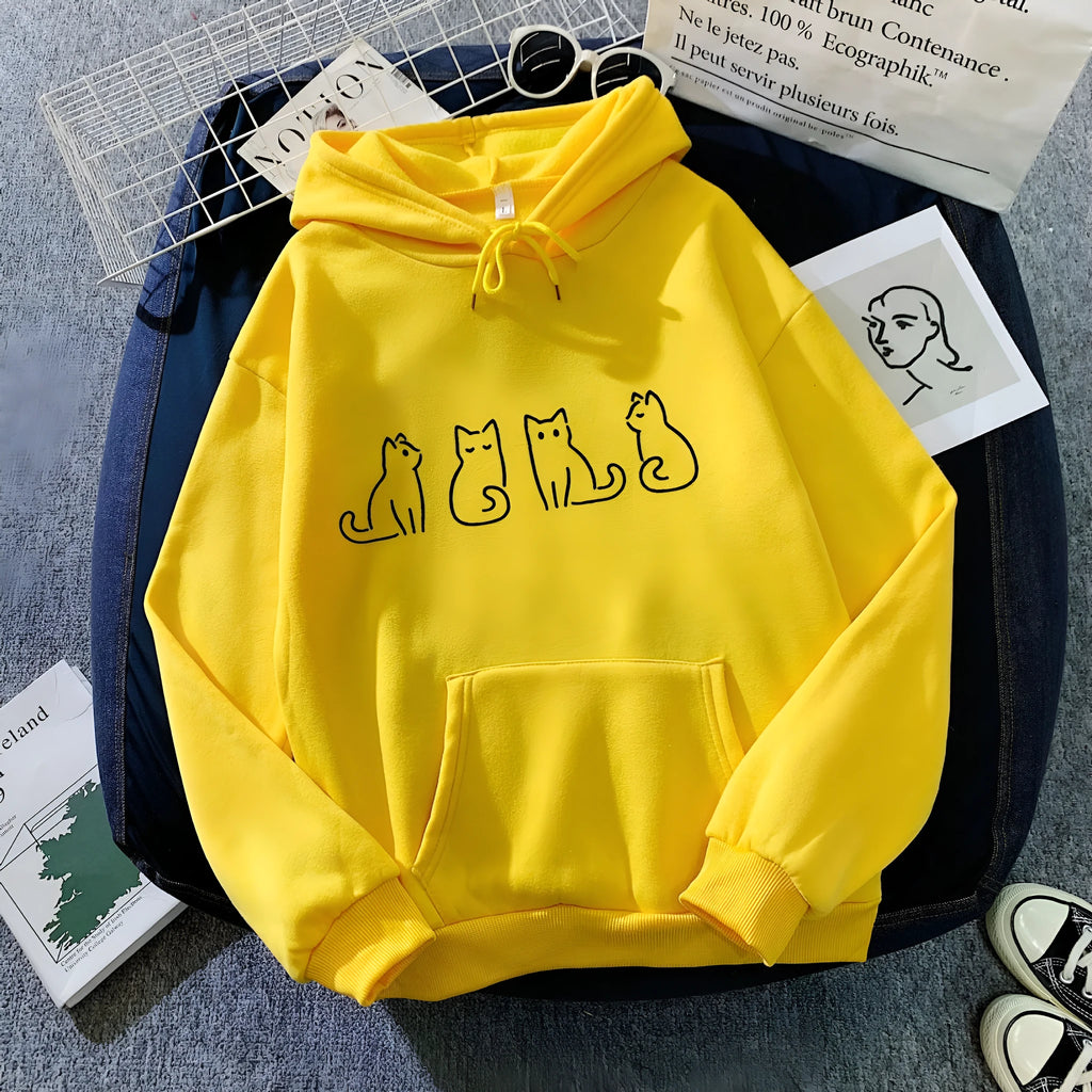 Loose printed hoodie sweater for couples in black, white, red, blue, pink, purple, green, apricot, and grey