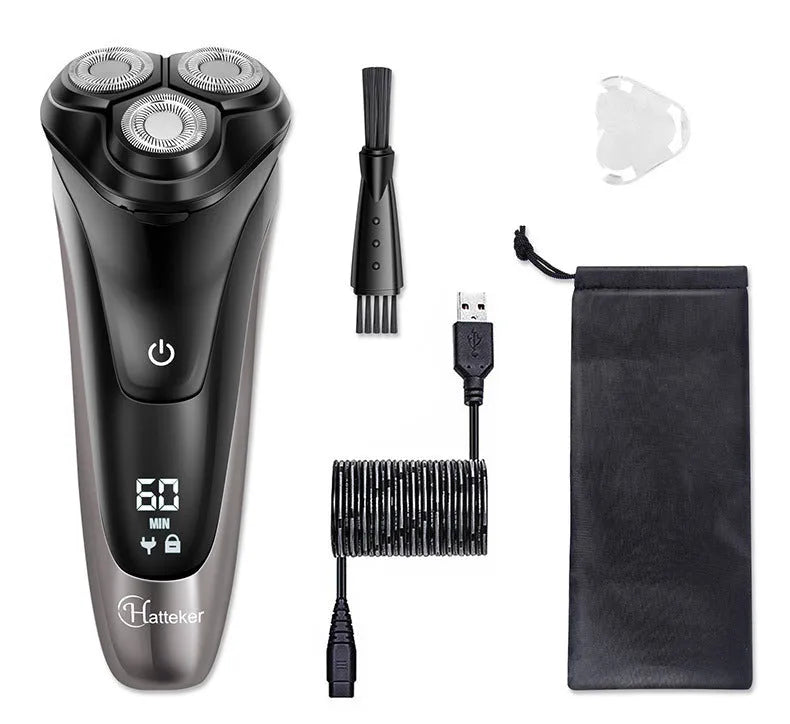 Men's electric shaver with three floating heads, pop-up sideburn trimmer, USB cable, and cleaning brush