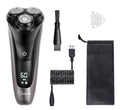 Men's electric shaver with three floating heads, pop-up sideburn trimmer, USB cable, and cleaning brush
