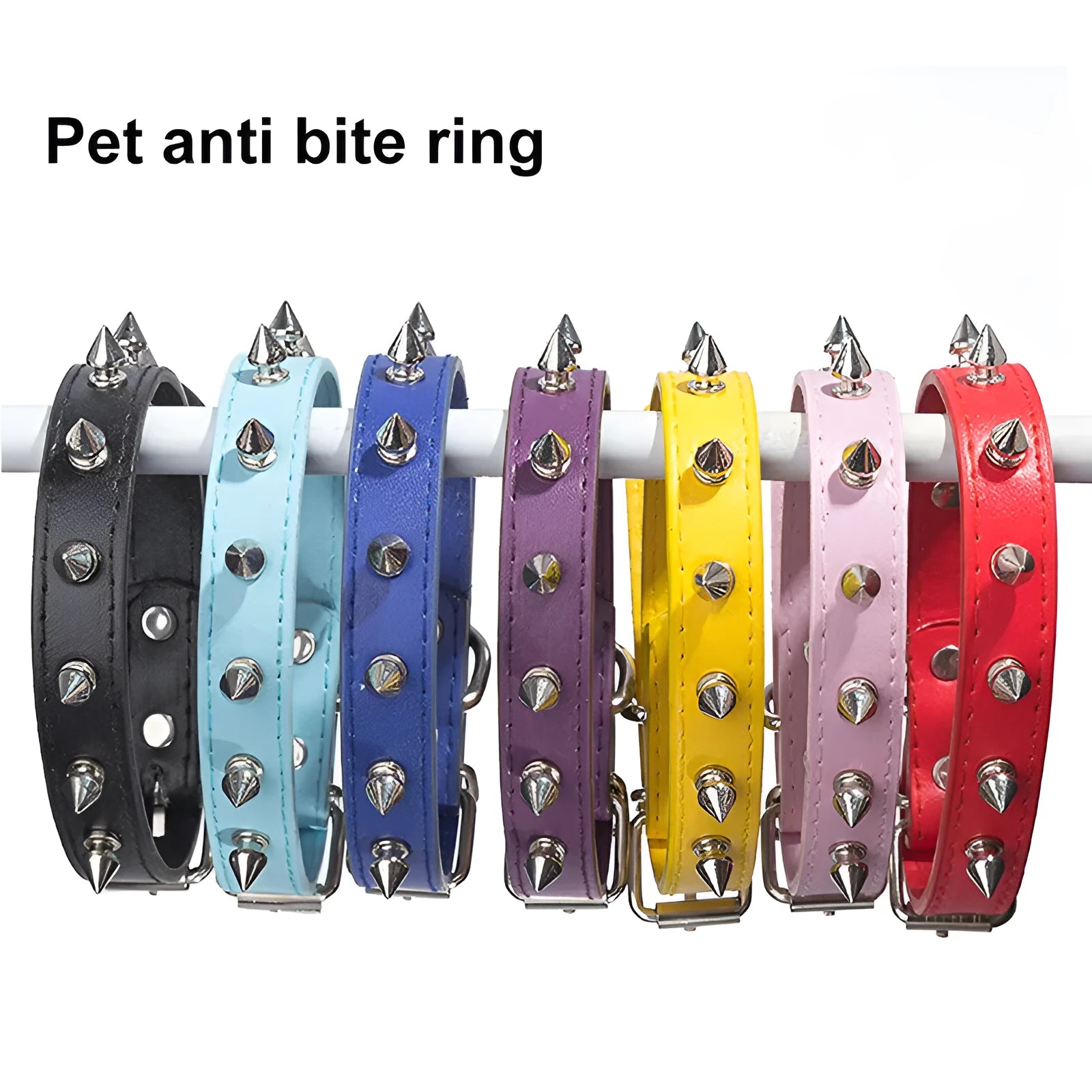 Colourful studded dog collar with metal spikes on thickened PU leather, showing alloy metal fastener and six colour options