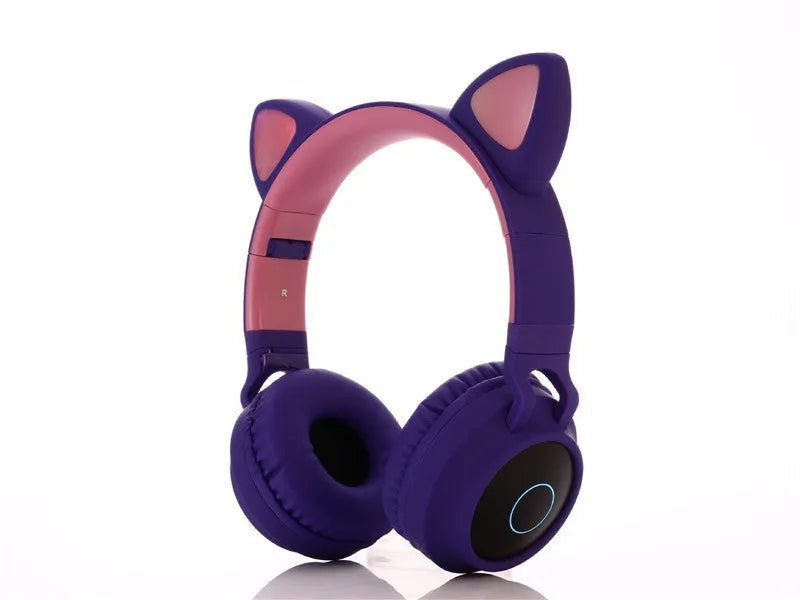 Cartoon cat ear wireless Bluetooth gaming headset shown in green, light blue, pink, purple, and skin tone colour options.