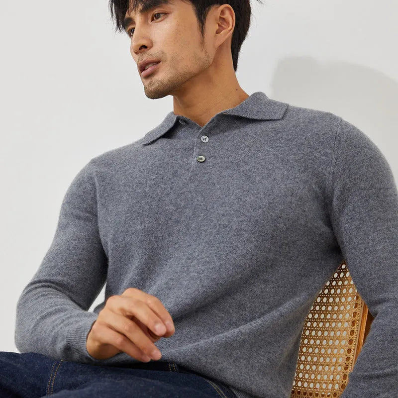 Men's cashmere polo collar pullover sweater in loose fit available in multiple colours and sizes
