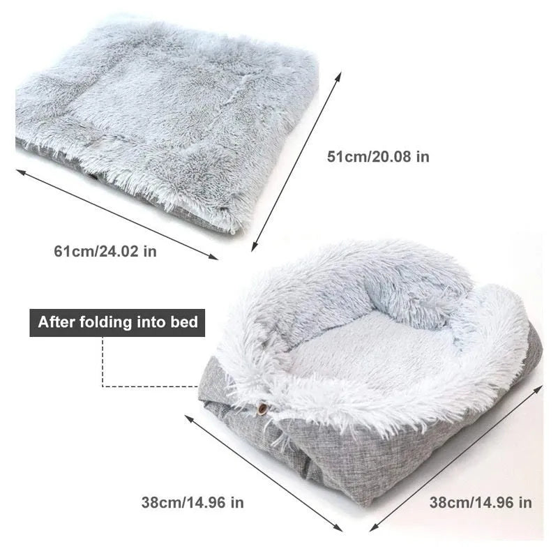 Gray plush dual-use pet bed for dogs, M size 61x51cm or L size 70x60cm, cloth material