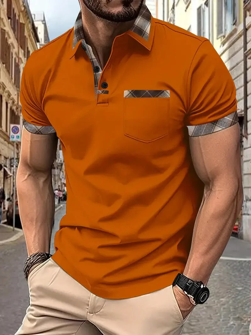 Men's loose fit plaid colourblock t-shirt with short sleeves and zipper decorations.