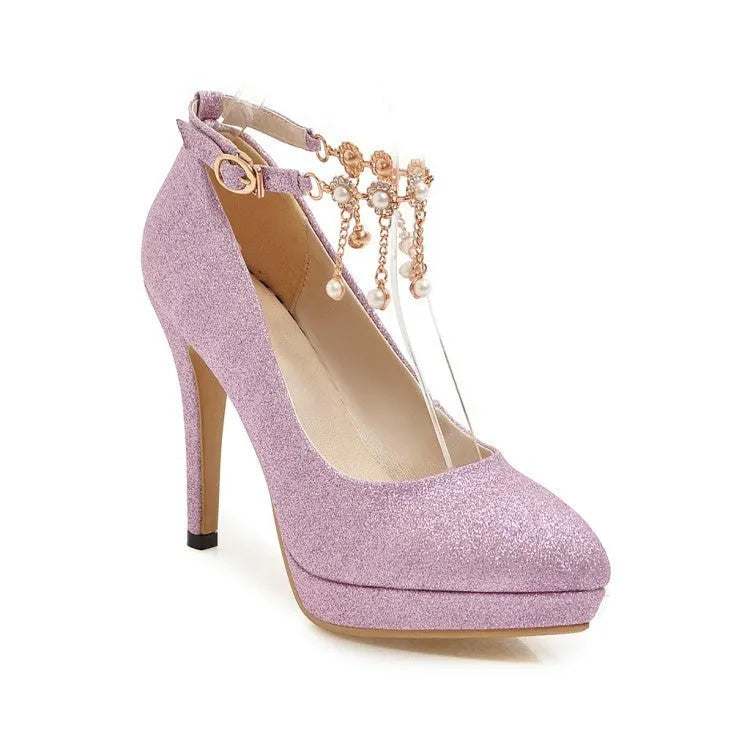 Blue women's platform high heels with a stiletto heel and special fabric upper.