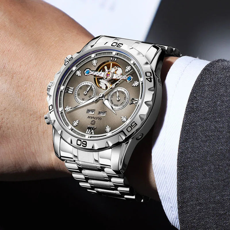 Men's automatic mechanical watch with stainless steel strap and mineral glass in multiple colour options