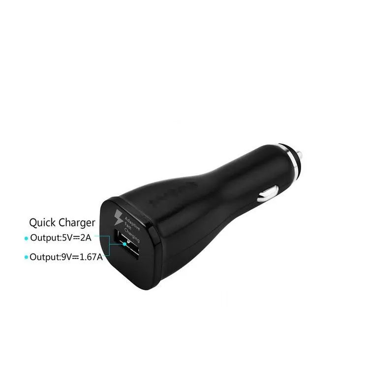 White single-port QC30 USB car charger for fast charging smartphones in vehicles.