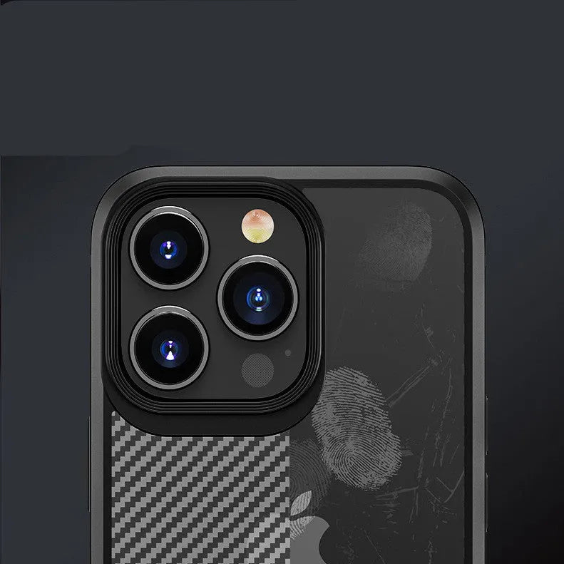 Black anti-fall iPhone 13 protective case with carbon fibre pattern and TPU+PC construction