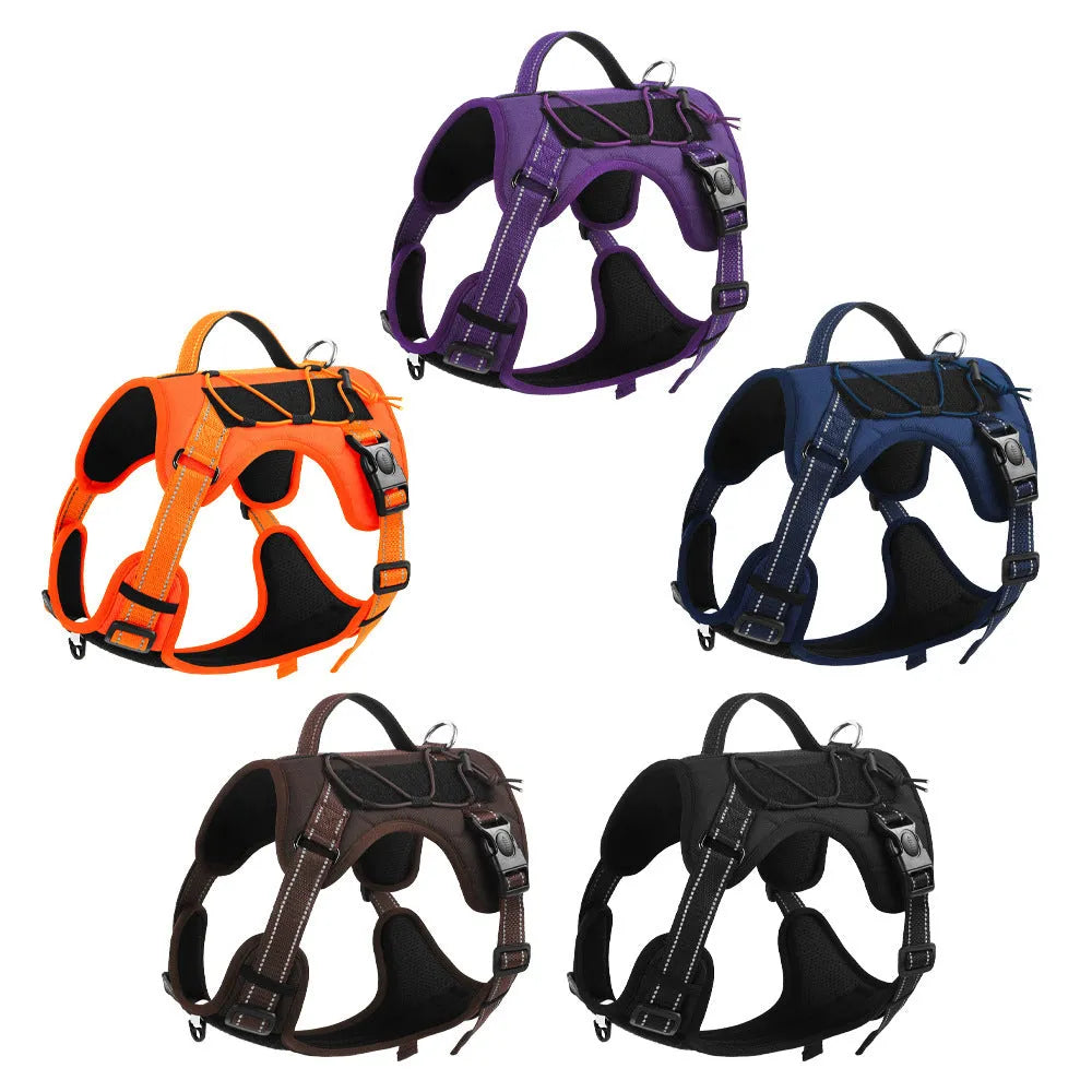 Orange explosion-proof dog harness vest with reflective strips and a black hand grip rope attached.