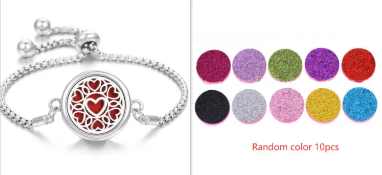 Hollow stainless steel adjustable aromatherapy bracelet with 20mm box diameter and electroplated alloy finish on white background